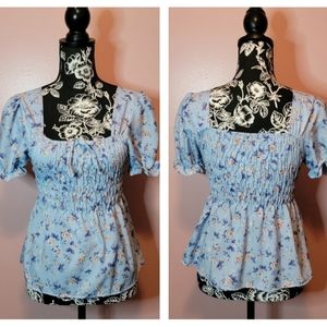 Smocked Floral Top Light Blue Fits XS to Small NWOT
